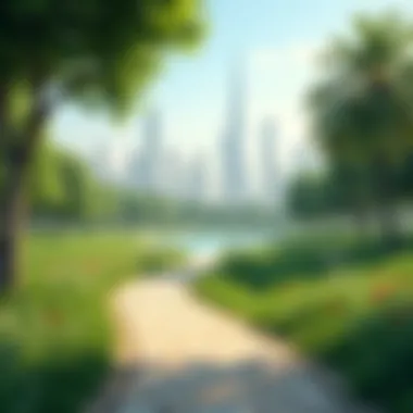 Peaceful Walking Trail Peaceful walking trail in a green space with city skyline in background