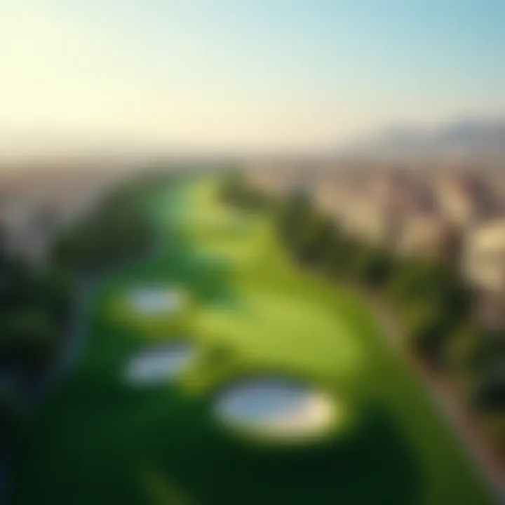 Aerial view of the stunning golf course at Dubai Hills surrounded by luxurious properties