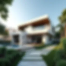 A stunning view of a Meadows villa showcasing its modern architecture and lush landscaping.